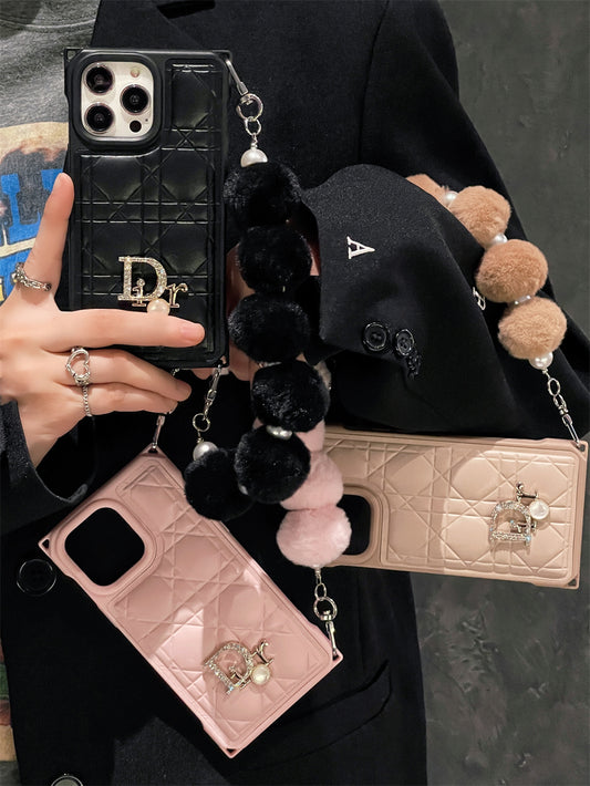 Dior fur ball wristband leather diamond shaped iPhone phone protective case
